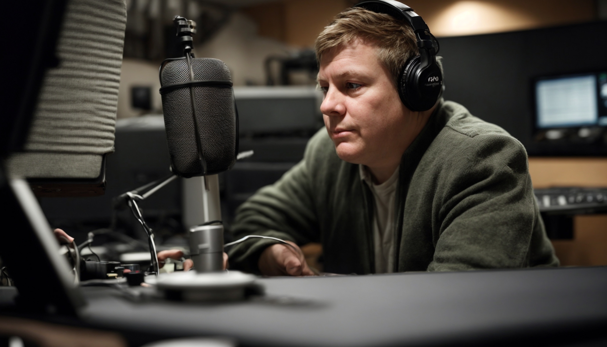 Candid photograph of a community radio host working behind a desk in a Reedsport studio