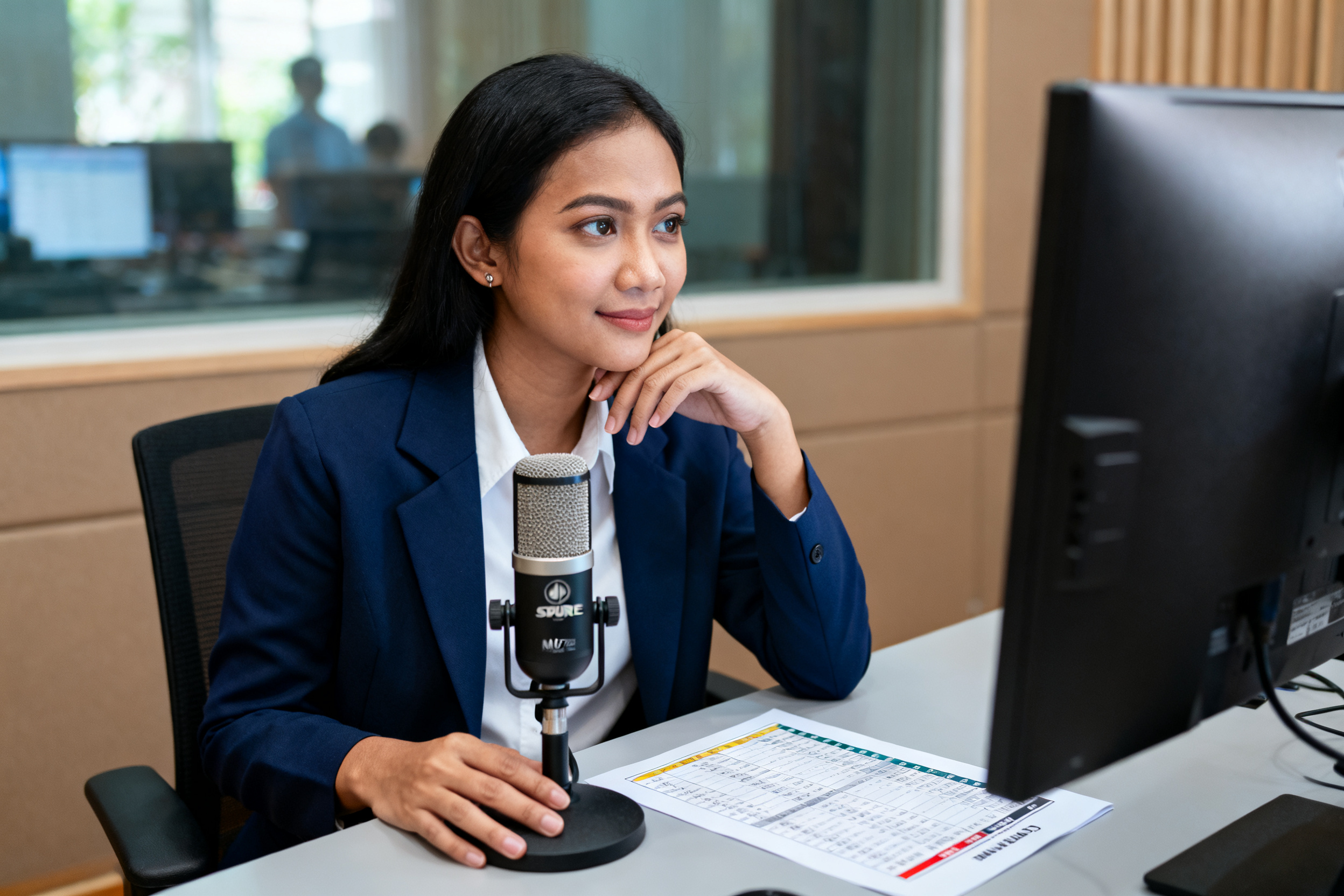 Indonesian radio host checking microphone during community broadcast, illustrating community radio info trust